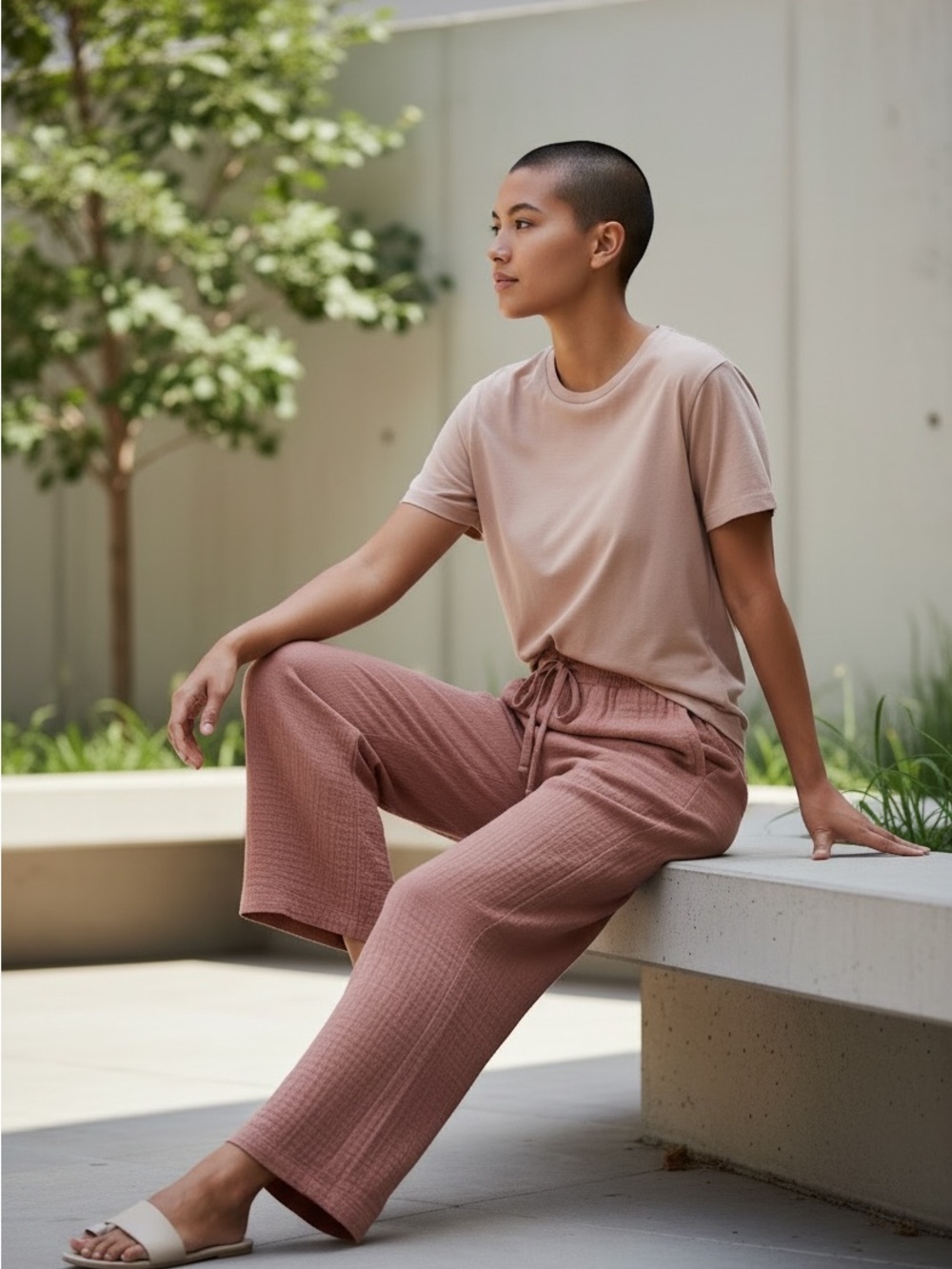 SHEIN Wide-Leg Drawstring Pants in Dusty Pink
